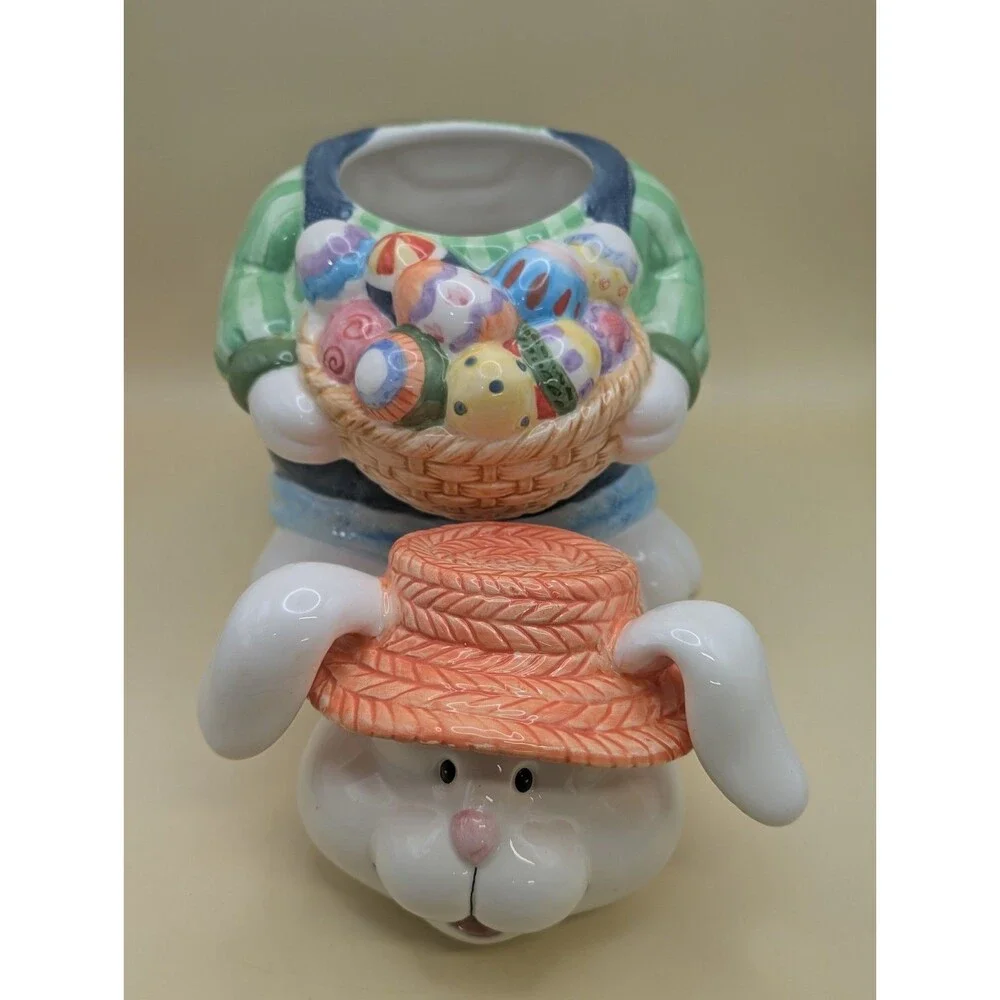 CKA Ceramic Easter Bunny Cookie Jar Vtg Rabbit Holding Basket Eggs Straw Hat *
